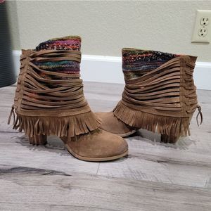 Fringe Suede Ankle Boots - Brown Multicolor